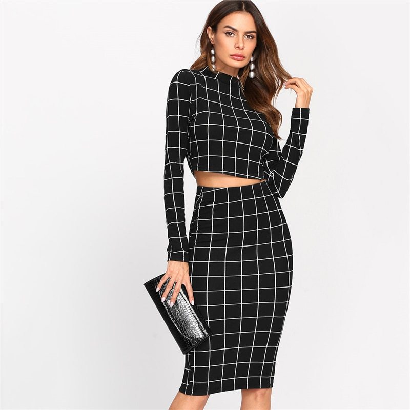 Stand Collar Long Sleeve 2 Piece Set Women Crop Grid Top & Pencil Skirt Co-Ord Ladies Elegant OL Style Twopiece