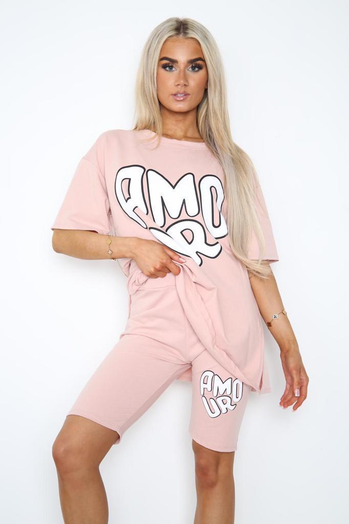 Cycling Short And T-Shirts Co-Ord Two Piece Side Slit Set With Front Printed Slogan