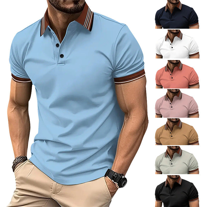 Summer Short-sleeved Polo Shirt For Men Business Colorblock Lapel Tops