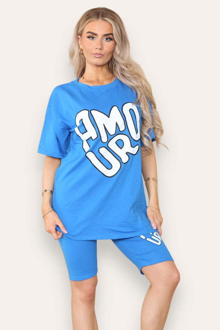 Cycling Short And T-Shirts Co-Ord Two Piece Side Slit Set With Front Printed Slogan
