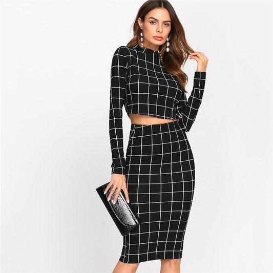 Stand Collar Long Sleeve 2 Piece Set Women Crop Grid Top & Pencil Skirt Co-Ord Ladies Elegant OL Style Twopiece