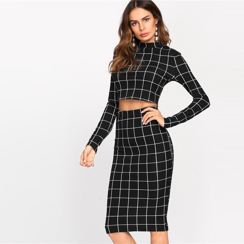 Stand Collar Long Sleeve 2 Piece Set Women Crop Grid Top & Pencil Skirt Co-Ord Ladies Elegant OL Style Twopiece