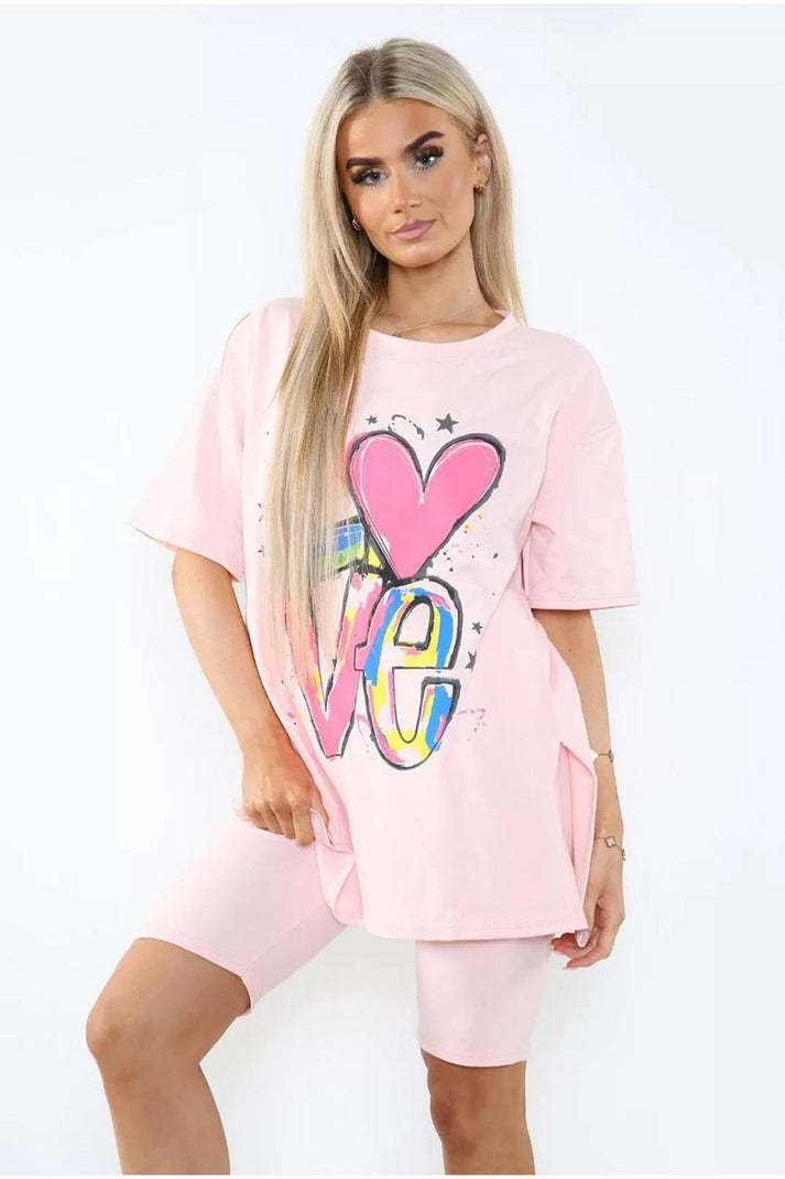 Cycling Short And T-Shirts Co-Ord Two Piece Side Slit Set With Front Printed Slogan