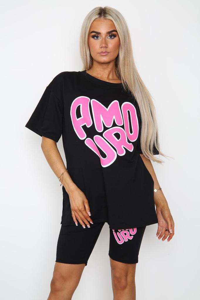 Cycling Short And T-Shirts Co-Ord Two Piece Side Slit Set With Front Printed Slogan